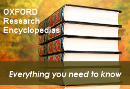 Stack of encyclopedias with text Oxford Research Encyclopedias Everything You Need to Know